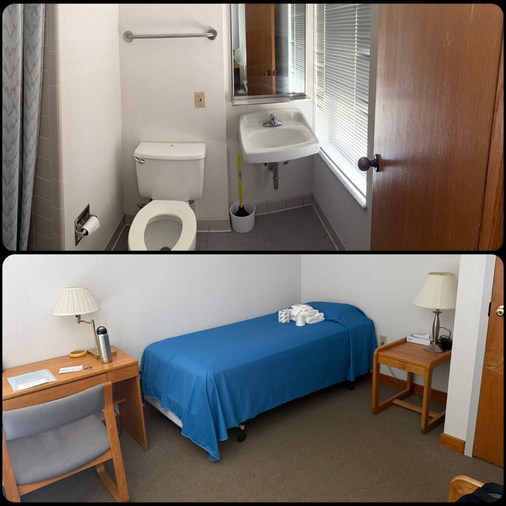 Collage image of small guest bathroom with sink, toilet, and grab bar; and main room with twin bed, desk, chair, and two lamps