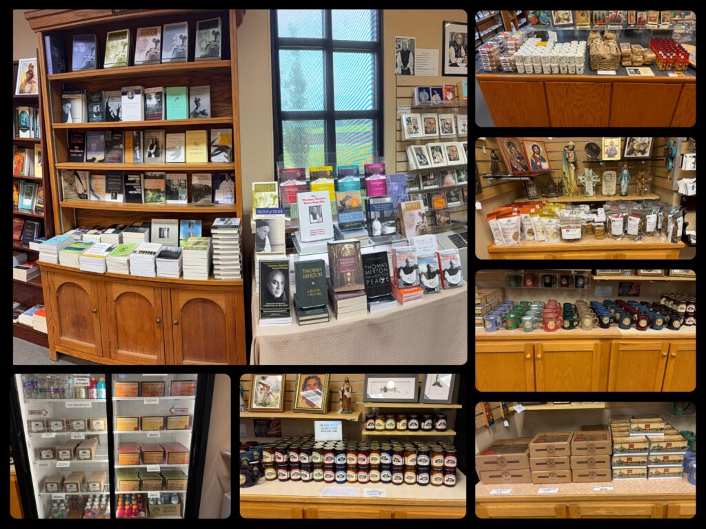 Collage of gift shop interior: bookshelves, a beverage cooler, icons and religious art, jars of preserves, baked goods and pretzels, and shelves of glazed mugs