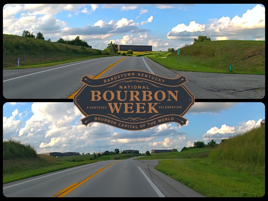 Two-panel image of a rural highway and barrel storage buildings with a "Bardstown Kentucky National Bourbon Week — Bourbon Capital of the World" banner overlay