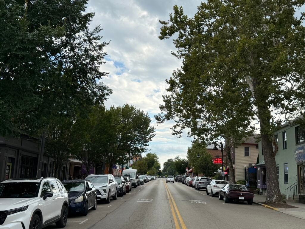 Xenia Avenue in Yellow Springs on an overcast afternoon, cars parked along both curbs, storefronts and mature trees lining the street.