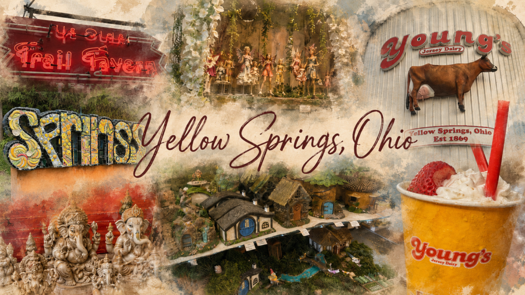 Watercolor-style composite of Yellow Springs: the Ye Olde Trail Tavern neon sign, a display of fairy figurines, the SPRINGS mosaic sculpture, seated Ganesha statues, a shelf of miniature fairy houses, and a Young's Jersey Dairy silo and milkshake, captioned Yellow Springs, Ohio.