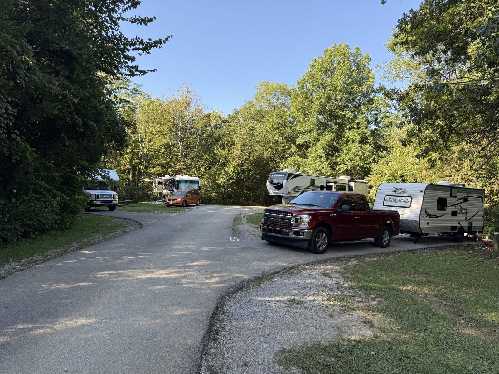 A campground loop road with travel trailers, a motorhome and parked vehicles under tall trees