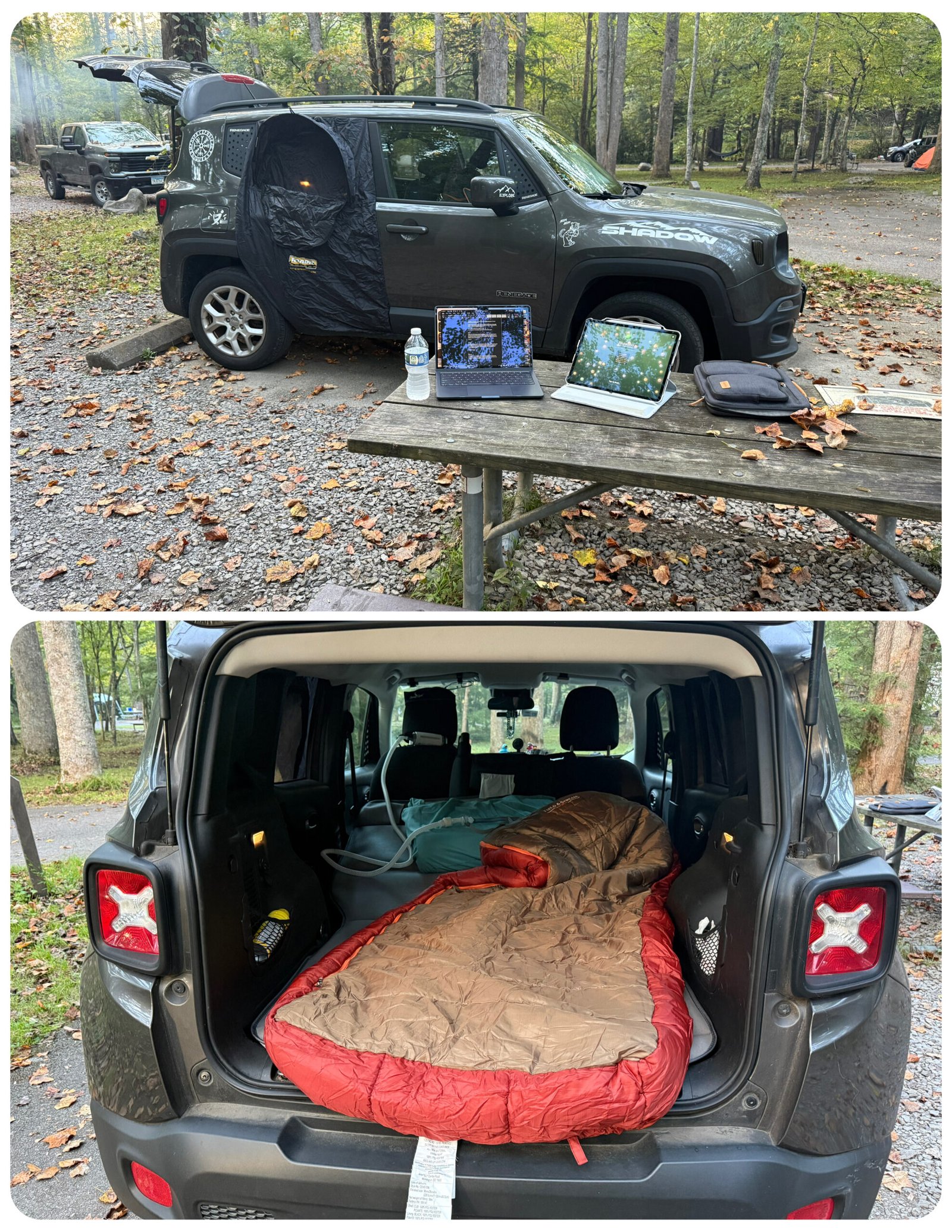 Two photos stacked: a dark gray Jeep Renegade at a wooded campsite with a laptop and tablet on the picnic table, and the open rear hatch showing a red and tan sleeping bag laid out in the cargo area